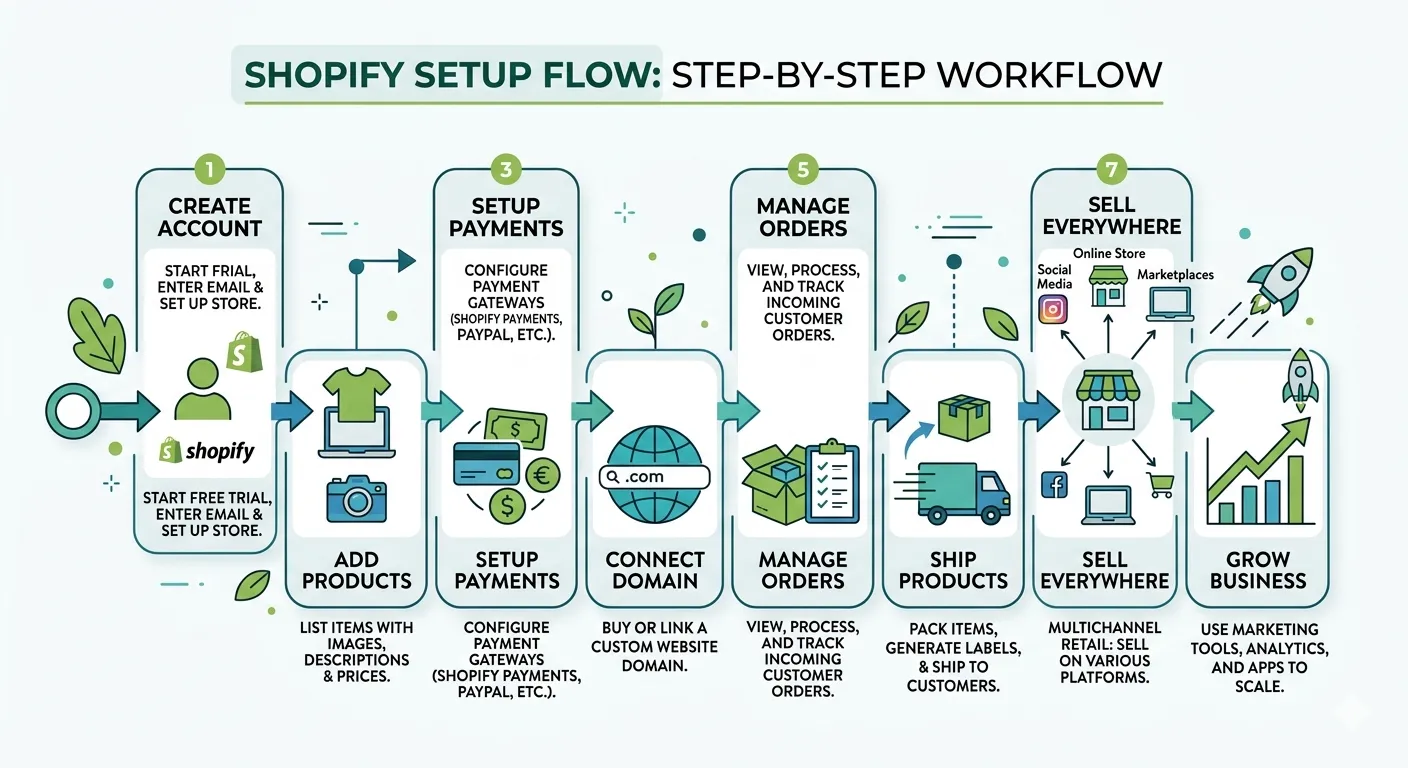 Shopify setup flow infographic showing step-by-step workflow including create account, add products, setup payments, connect domain, manage orders, ship products, sell everywhere, and grow business.