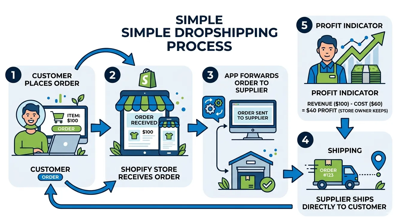 Simple Shopify dropshipping process infographic showing customer placing an order, Shopify store receiving the order, app forwarding order to supplier, supplier shipping directly to customer, and store owner earning profit margin.