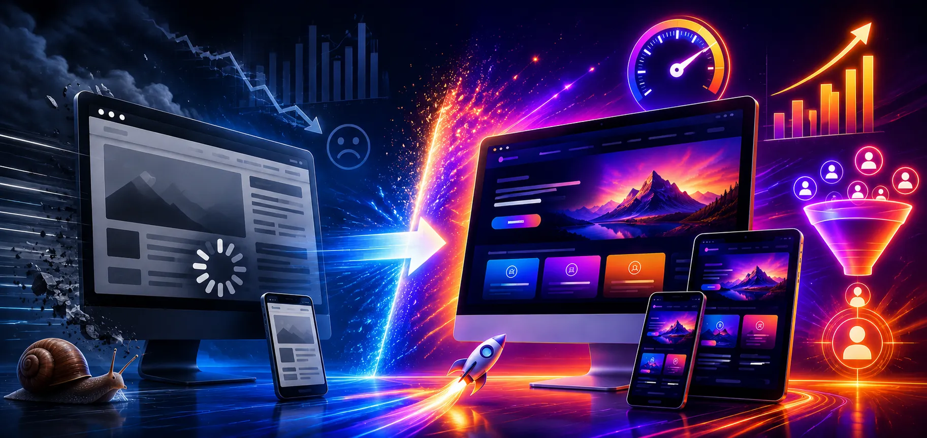 Website design tips illustration showing a website transformation with improved speed, responsive design, SEO optimization, user engagement, and conversion-focused performance.