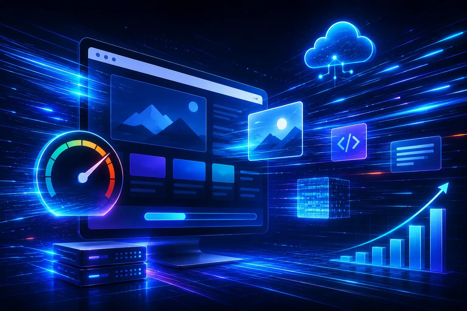 Website design tips illustration showing website speed optimization, fast-loading content delivery, cloud performance, and improved user experience.