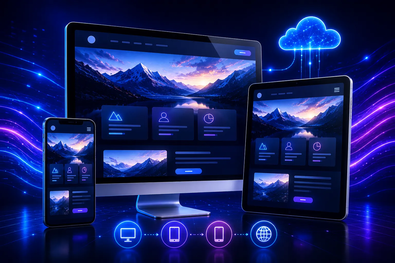 Website design tips illustration showing a responsive website across desktop, tablet, and mobile devices with adaptive layouts and seamless cross-device user experience.