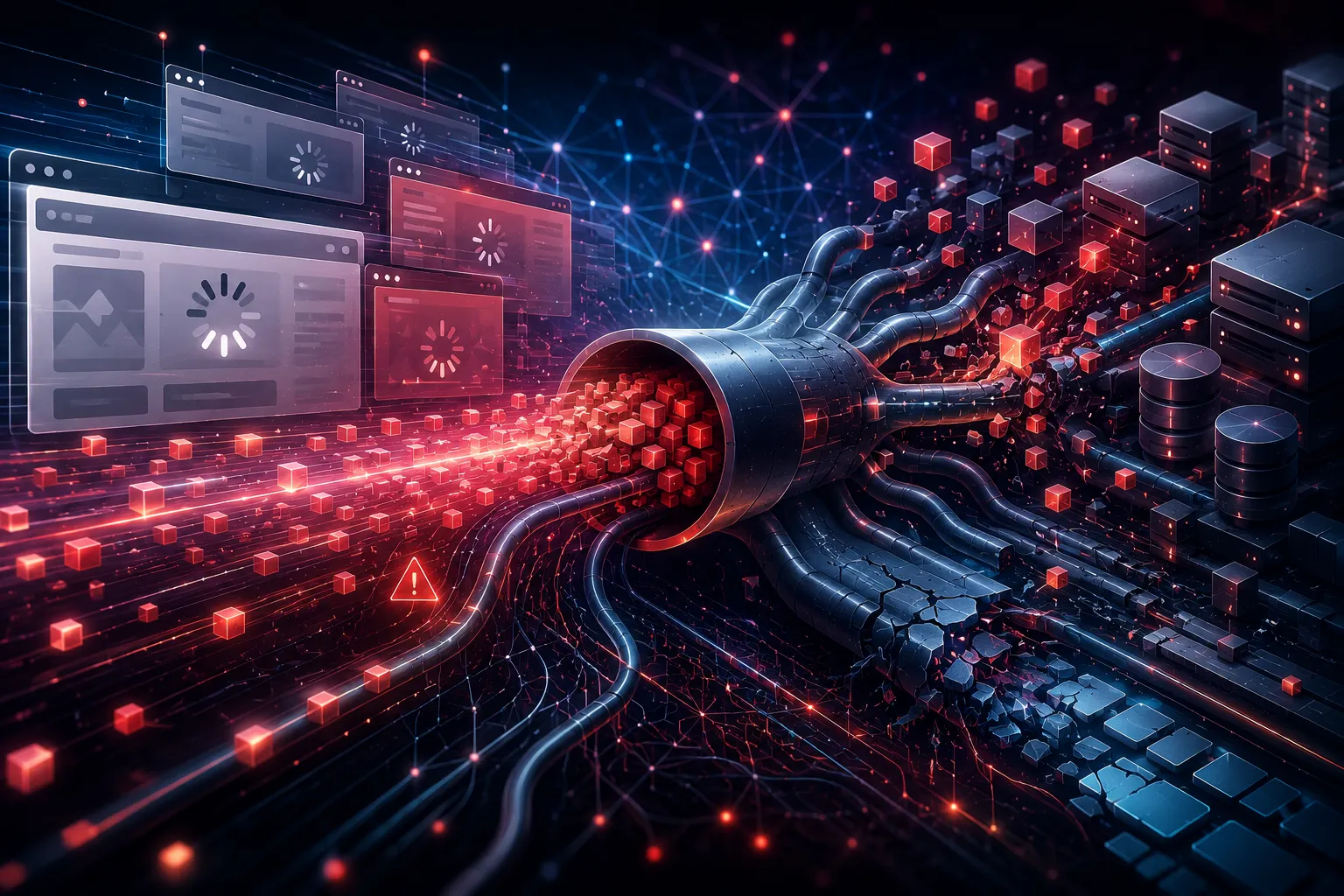 Abstract illustration showing how to fix Core Web Vitals issues by identifying website performance bottlenecks, slow-loading resources, overloaded systems, and digital congestion.