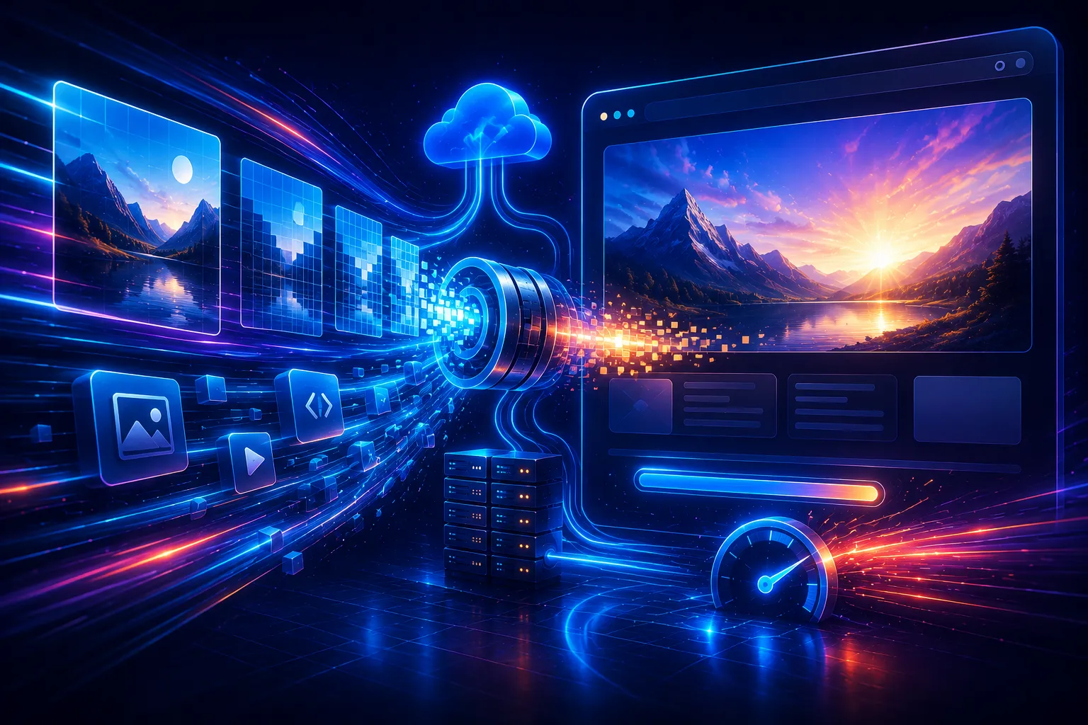 Abstract illustration showing how to fix Core Web Vitals issues through optimized image delivery, faster content loading, cloud-based resource management, and improved website performance.