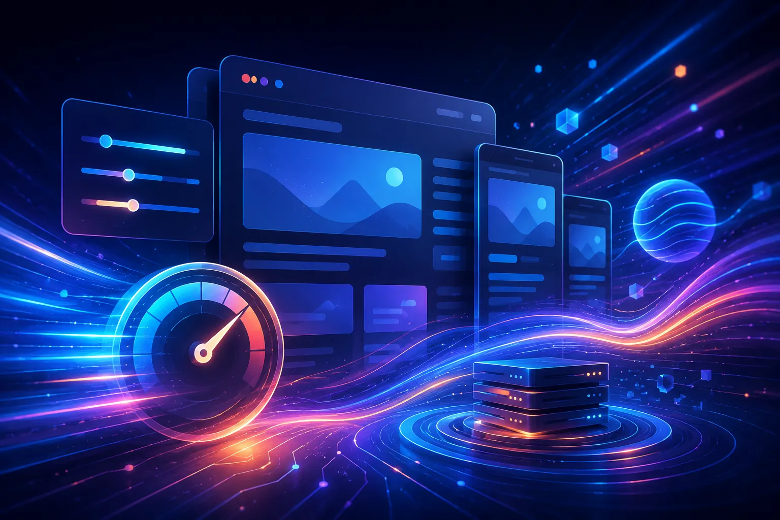 Abstract illustration showing how to fix Core Web Vitals issues through website performance optimization, faster loading speeds, responsive web design, and improved user experience.