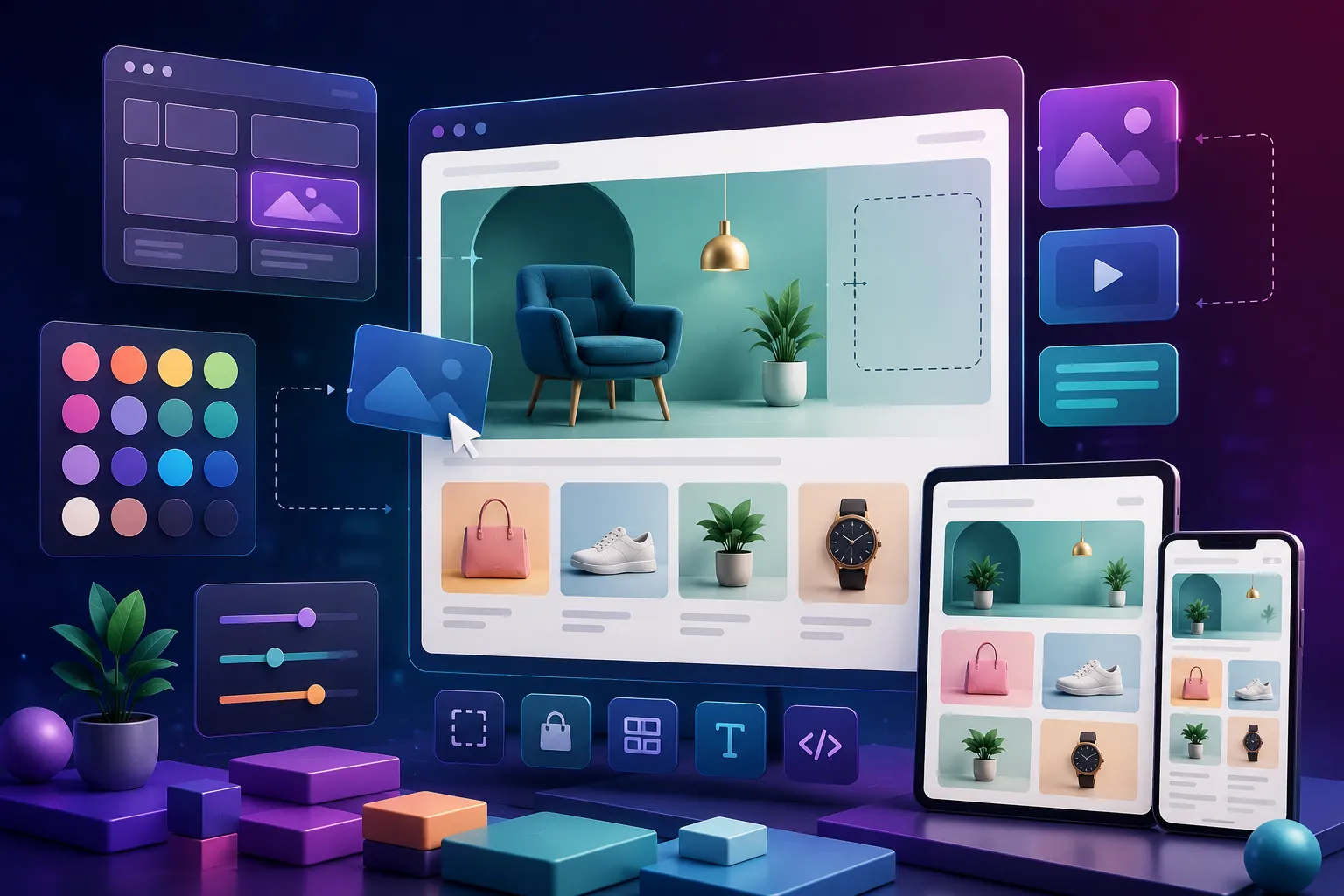 Responsive eCommerce website customization interface featuring modular design blocks, color palette controls, editable layouts, responsive storefront previews, and modern UI elements for brand-focused web design.