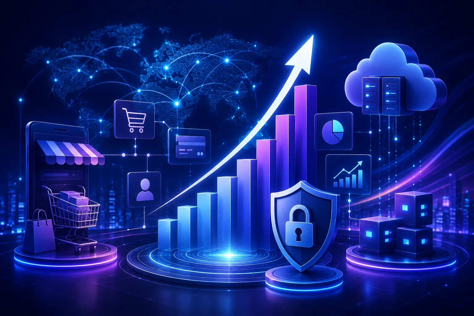 Abstract eCommerce growth and security illustration featuring performance charts, secure digital transactions, cloud infrastructure, connected business networks, scalability metrics, and online commerce technology.