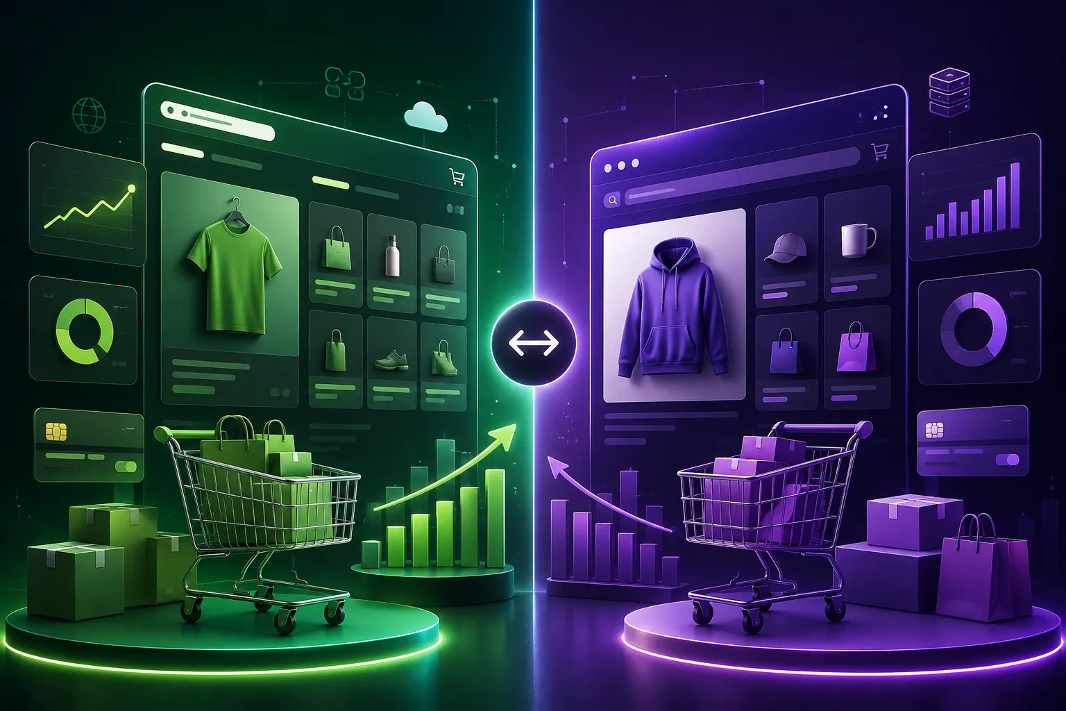 Abstract split-screen eCommerce platform comparison featuring digital storefronts, shopping carts, analytics dashboards, payment systems, and online business growth visualization.