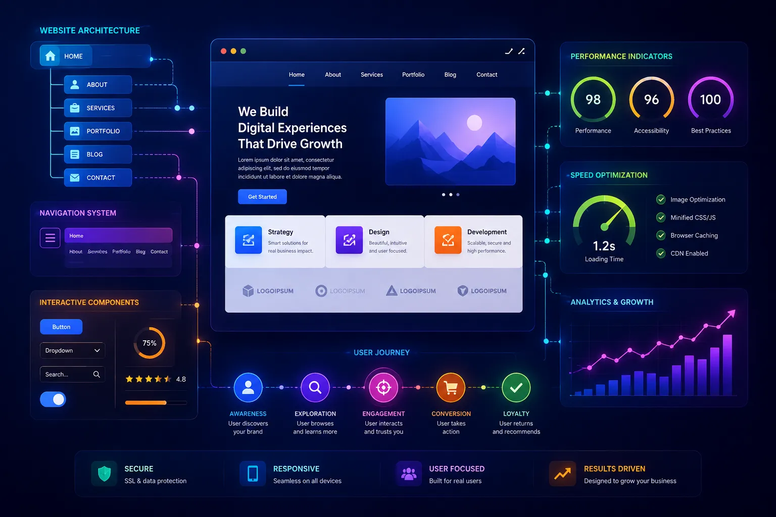 Abstract visualization of a successful website architecture featuring interconnected interface modules, navigation systems, user journey pathways, performance metrics, speed optimization indicators, analytics dashboards, and interactive digital components in a modern technology-focused design.