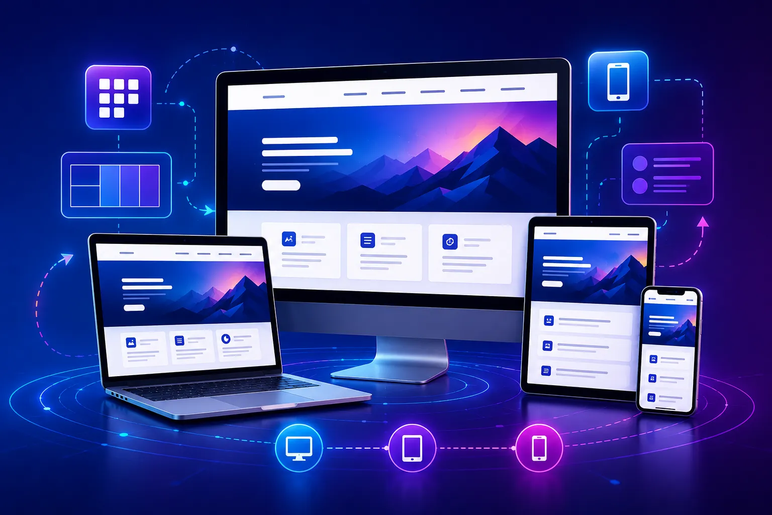 Abstract illustration of responsive web design across desktop, laptop, tablet, and smartphone devices, featuring adaptive layouts, fluid content grids, mobile-friendly interfaces, and connected digital pathways that demonstrate seamless user experiences across multiple screen sizes.