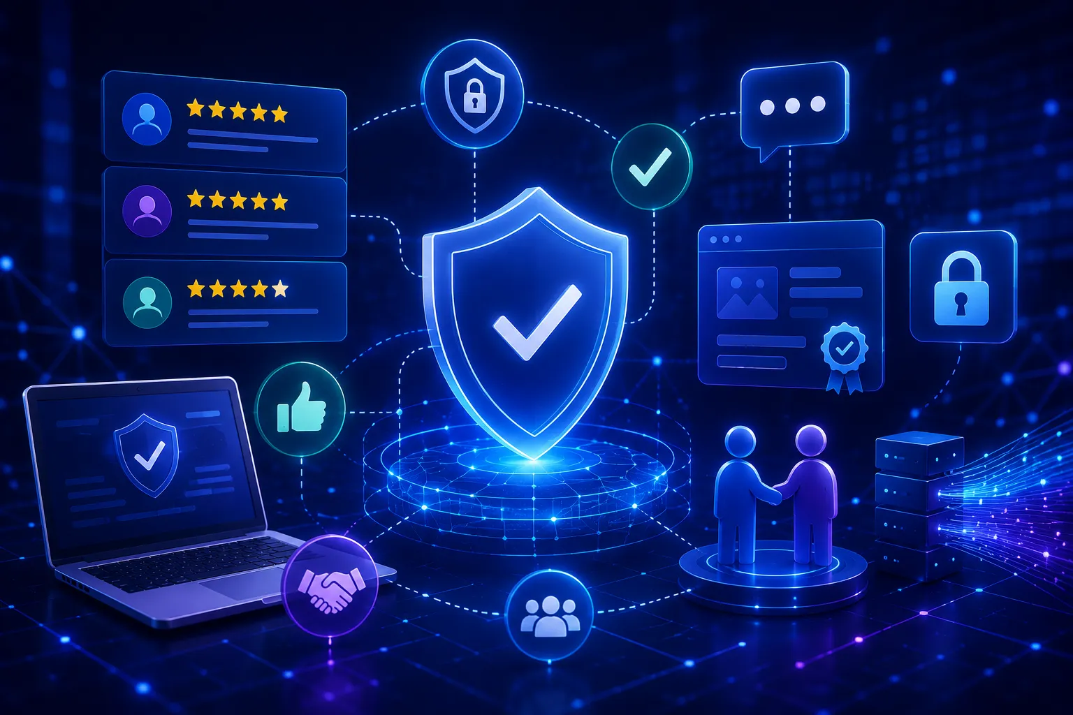 Abstract digital illustration representing trust and credibility online, featuring secure network connections, customer review elements, verification symbols, protected data flows, trusted business relationships, and cybersecurity visuals interconnected within a modern technology-driven ecosystem.