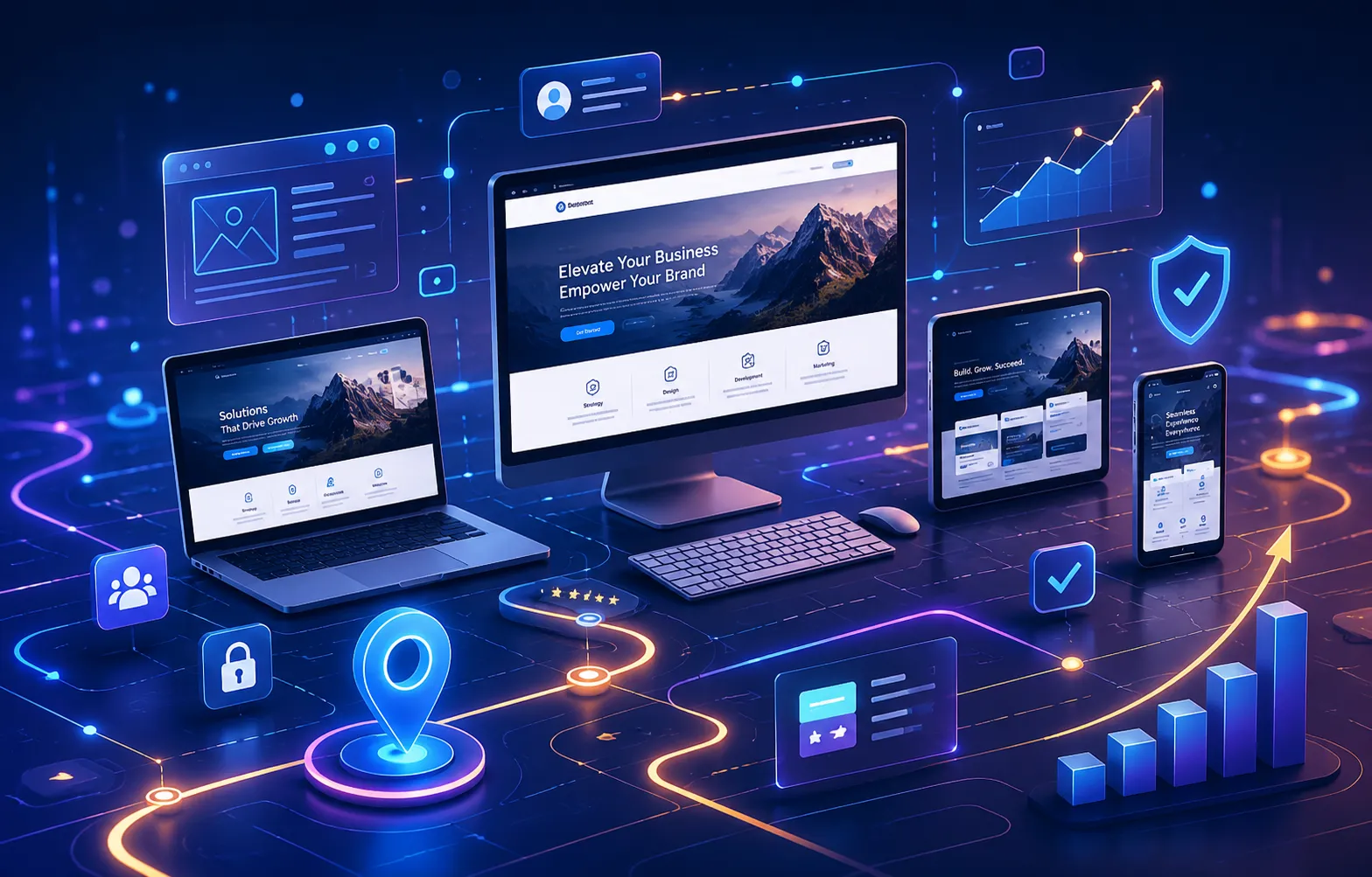 Abstract digital ecosystem showing interconnected website interfaces across desktop, tablet, and mobile devices with user journey pathways, analytics dashboards, growth charts, security elements, and modern UI components, representing small business website performance, usability, trust, and online growth.